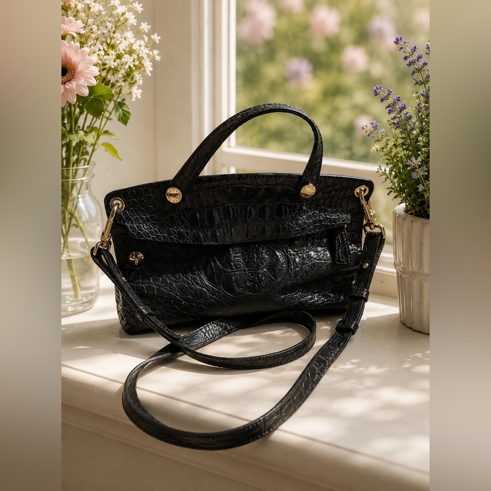 Furla Croc Embossed Leather Convertible Handbag Clutch Crossbody